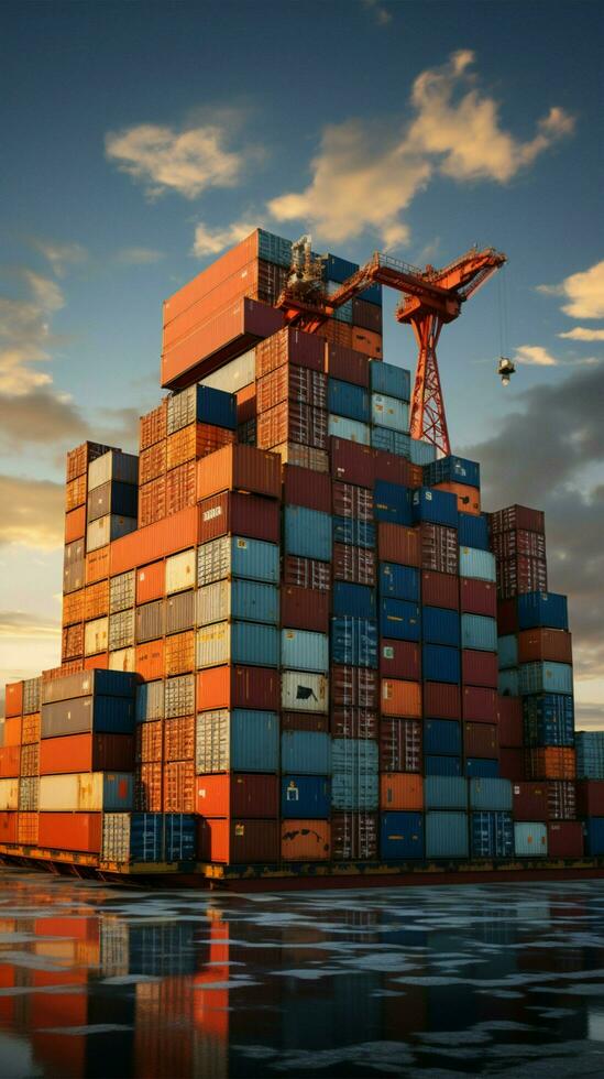 carga navio vista containers empilhado alto, Porto pano de fundo, exibindo marítimo transporte vertical Móvel papel de parede ai gerado foto
