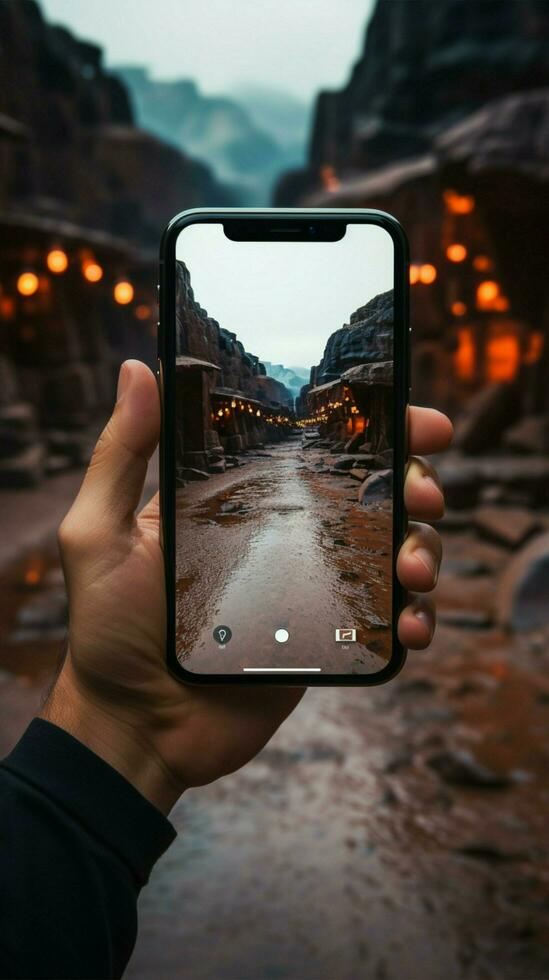 detalhado tiro homem segurando e utilizando Smartphone dentro fechar proximidade vertical Móvel papel de parede ai gerado foto