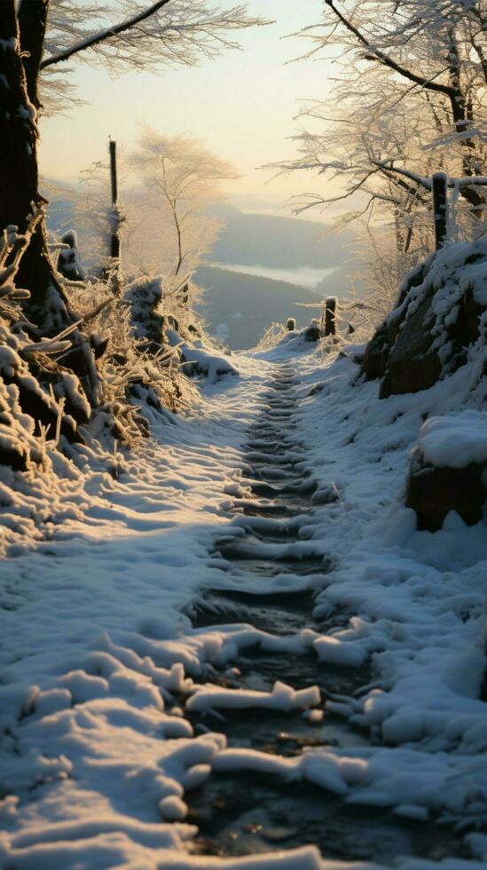 congeladas aventura encosta escalada folhas humano pegadas gravado dentro Nevado caminho vertical Móvel papel de parede ai gerado foto