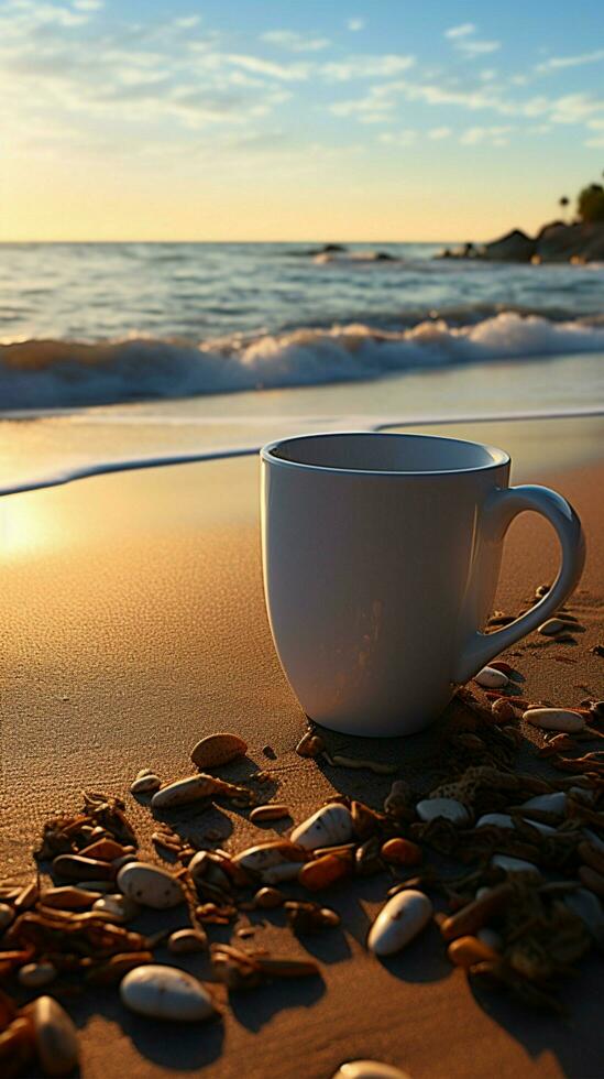 manhã de a ondas branco café copo com Preto Palha em de praia durante nascer do sol vertical Móvel papel de parede ai gerado foto