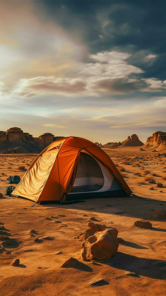 arenoso solidão acampamento sozinho dentro estéril deserto, longe a partir de civilizações urgência vertical Móvel papel de parede ai gerado foto