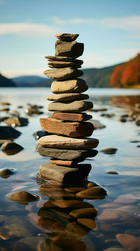 litoral homenagem empilhado pedras crio uma pirâmide em a costeiro borda, negligenciar ondas vertical Móvel papel de parede ai gerado foto