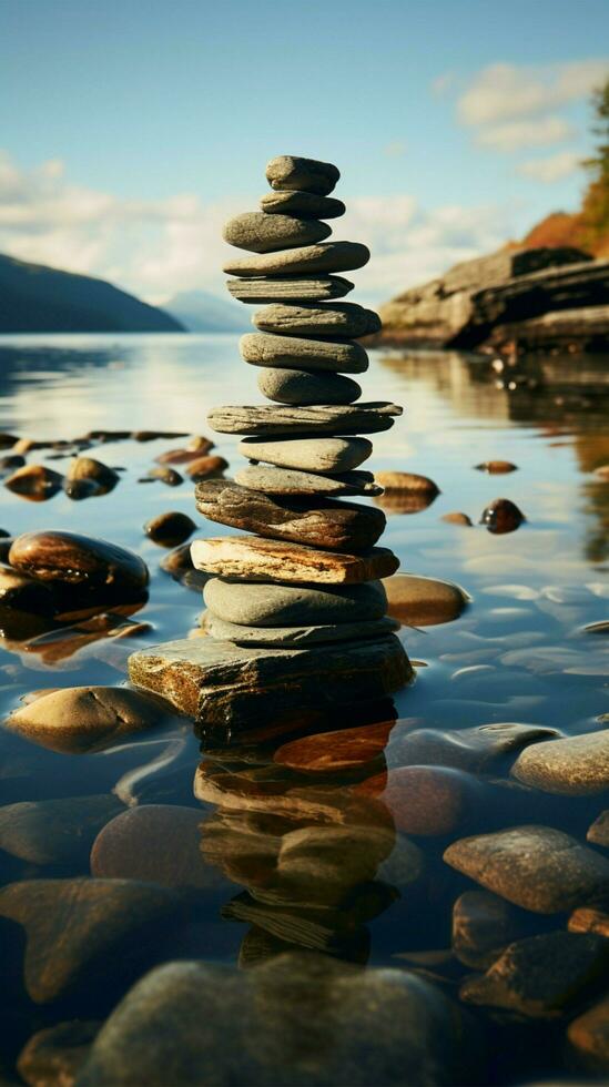 litoral homenagem empilhado pedras crio uma pirâmide em a costeiro borda, negligenciar ondas vertical Móvel papel de parede ai gerado foto