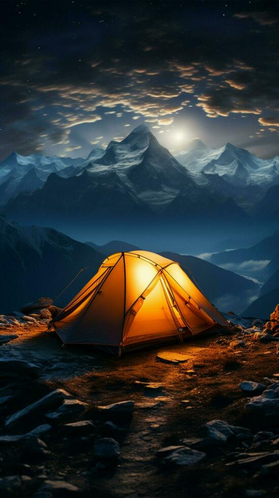 estrelado cume acampamento barraca arremessado alto, imerso dentro montanhoso noturno grandeza vertical Móvel papel de parede ai gerado foto