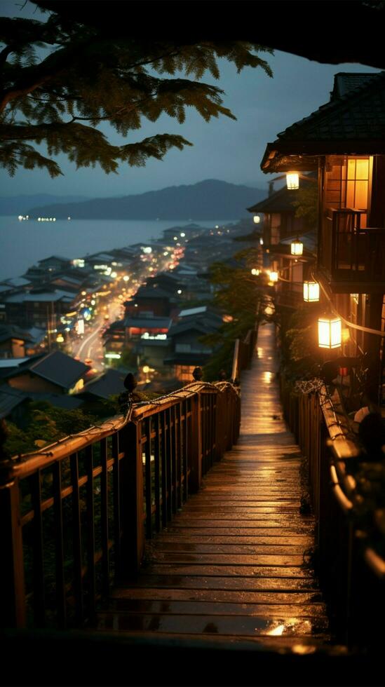 Visão a partir de de madeira prancha acima phuket Cidade às noite vertical Móvel papel de parede ai gerado foto