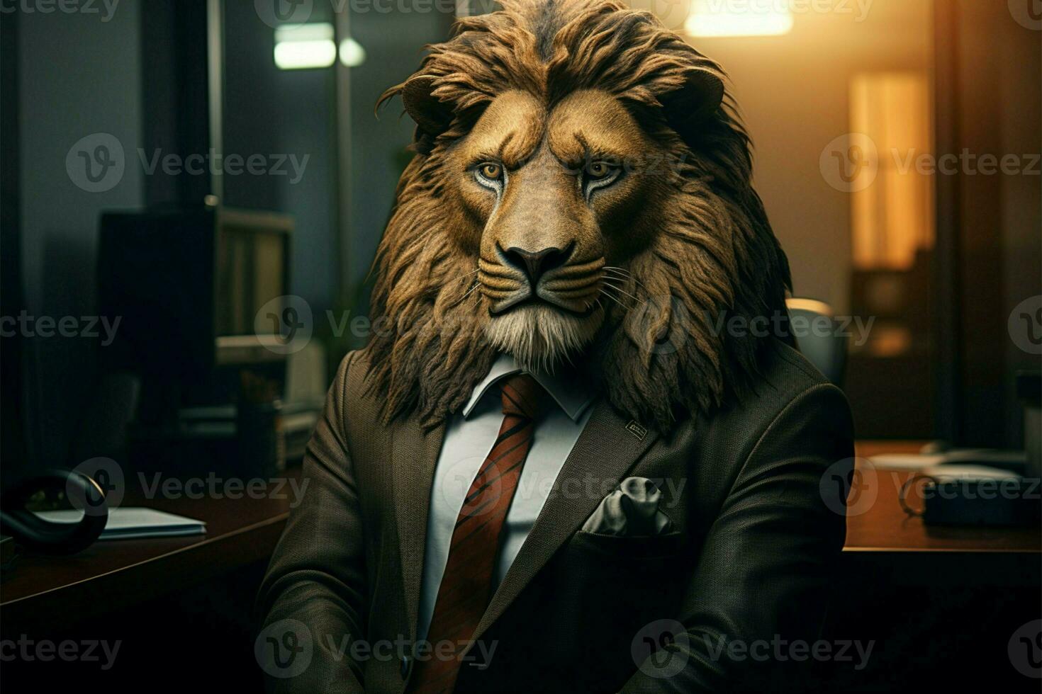 a escritório é governou de uma leão encabeçado pessoa de negócios, uma poderoso símbolo ai gerado foto