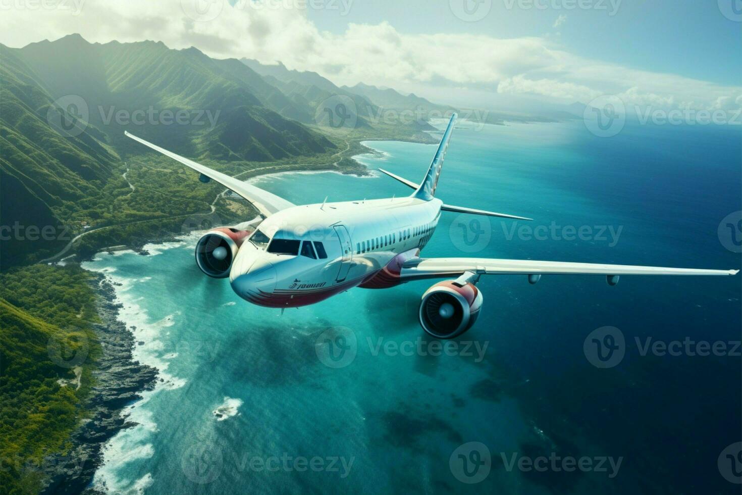 cênico voar avião desliza sobre a oceano, ilha visível abaixo ai gerado foto