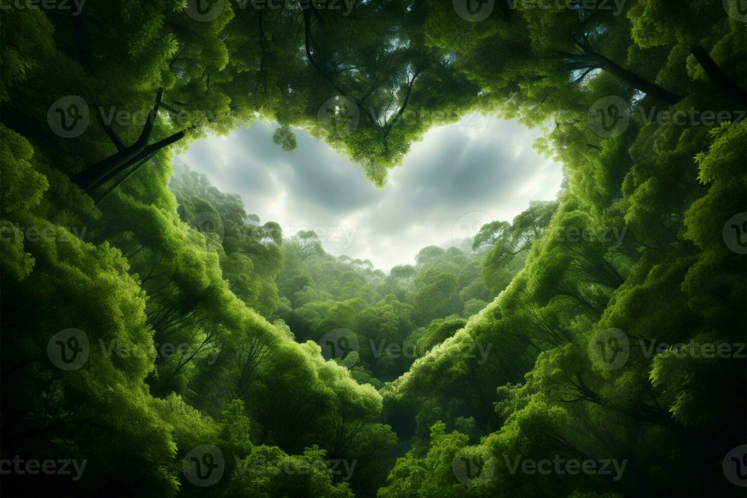 céu através floresta Copa das árvores dentro uma coração forma, deslumbrante ilustração ai gerado foto