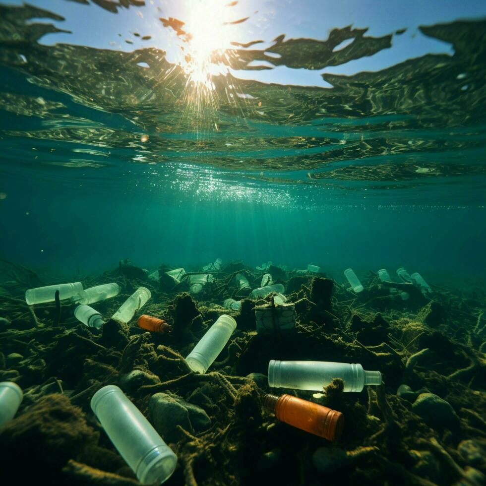 plástico garrafa poluição enfraquece oceano saúde, destacando ecológico crise para social meios de comunicação postar Tamanho ai gerado foto