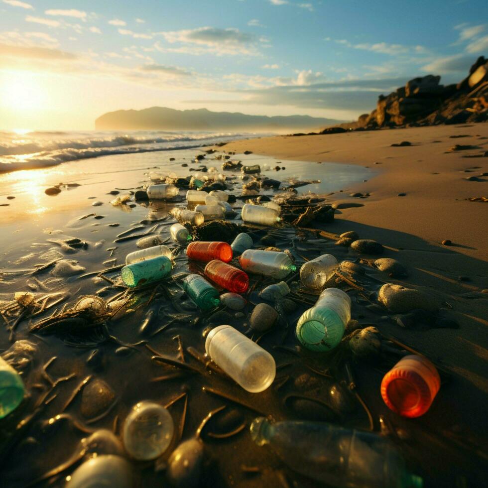 plástico sobras dispersar praia, sublinhado de Meio Ambiente prejuízo causou de de praia poluição para social meios de comunicação postar Tamanho ai gerado foto