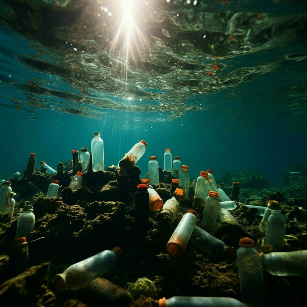 mar contaminado com plástico garrafas, retratando naturezas degradação e de Meio Ambiente poluição para social meios de comunicação postar Tamanho ai gerado foto