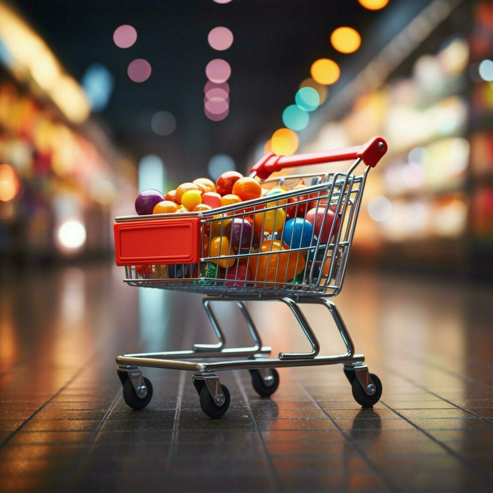 supermercado farra compras carrinho contra borrado loja bokeh pano de fundo captura varejo ambiente para social meios de comunicação postar Tamanho ai gerado foto