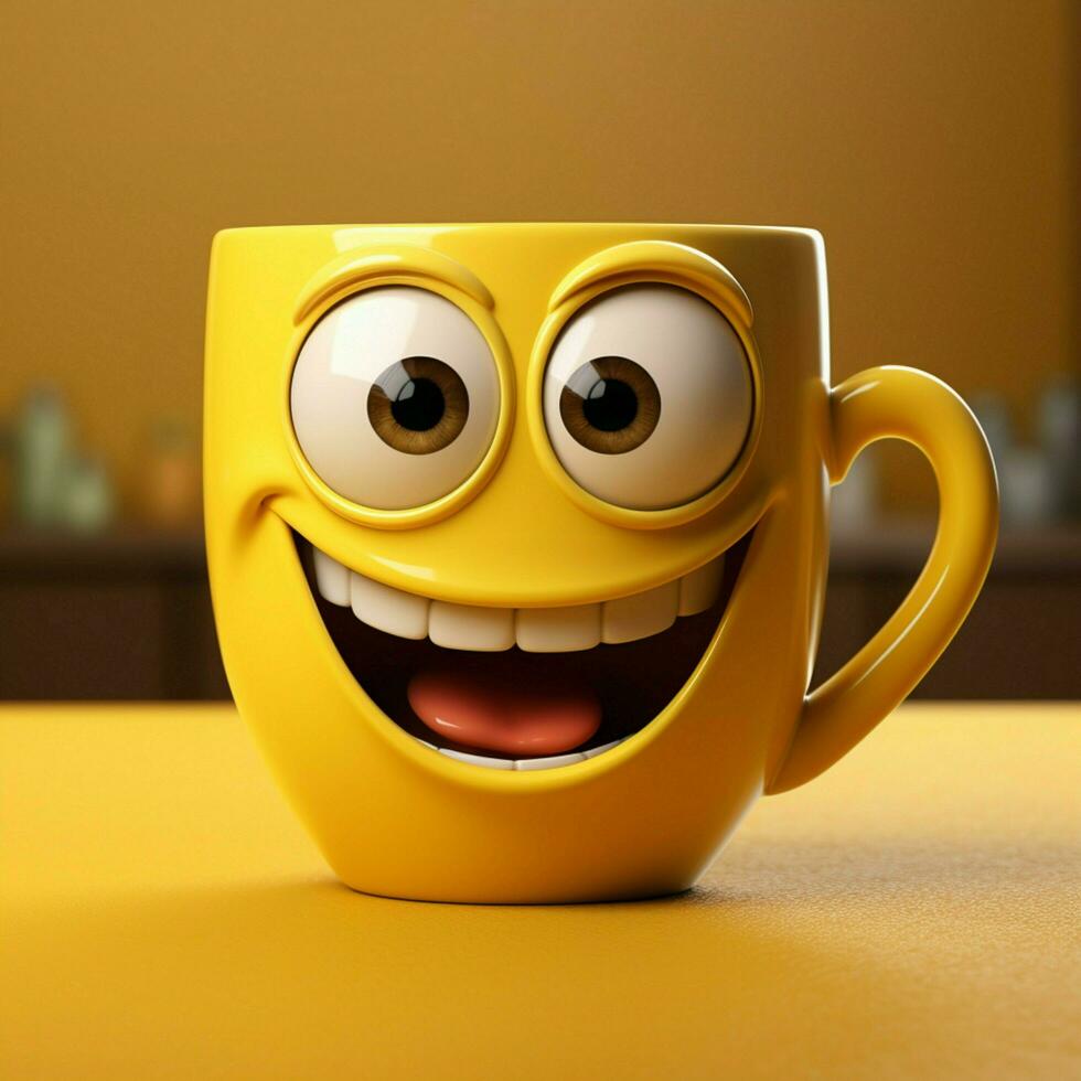 alegre café copo personagem sorrindo, conjunto em amarelo pano de fundo amplo cópia de área para social meios de comunicação postar Tamanho ai gerado foto