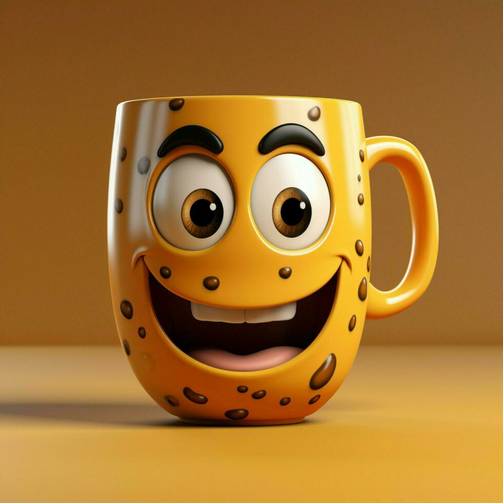 alegre café copo personagem sorrindo, conjunto em amarelo pano de fundo amplo cópia de área para social meios de comunicação postar Tamanho ai gerado foto