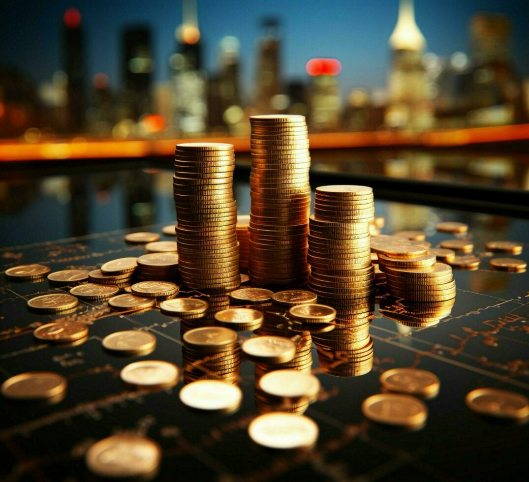 moedas fundir com gráfico gráfico em paisagem urbana, simbolizando crescimento sinergia para social meios de comunicação postar Tamanho ai gerado foto