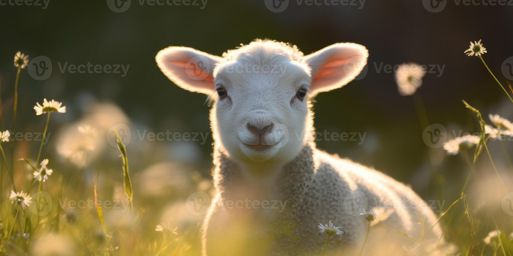 fofa feliz Cordeiro em a campo, ovelha generativo ai foto