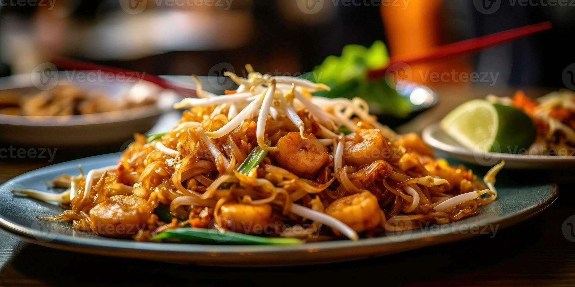 delicioso almofada tailandês macarrão prato dentro uma tailandês restaurante. generativo ai foto