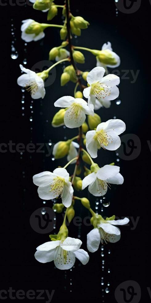acácia flores em uma Sombrio fundo. branco flores com pingos de chuva. generativo ai foto