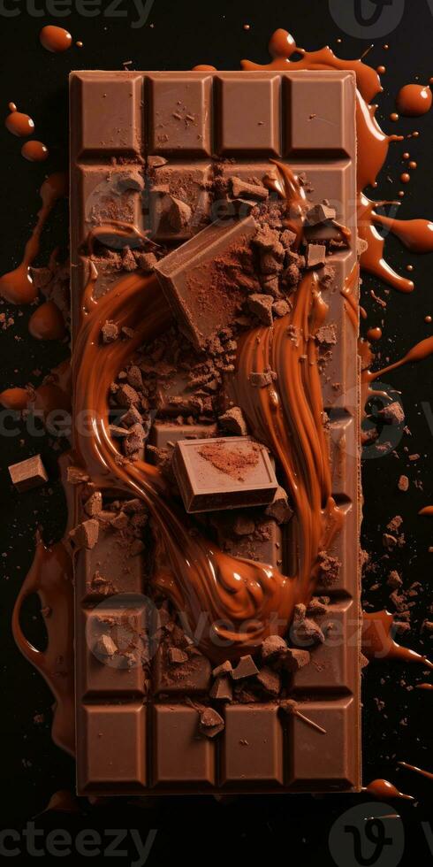 Barra do chocolate em uma Sombrio fundo. Doçura. generativo ai foto