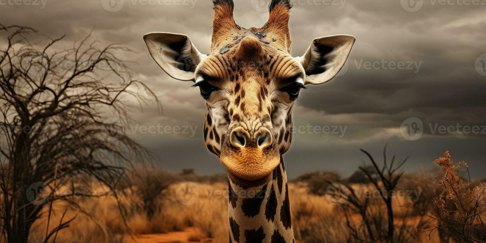 girafa anda em Alto dentro a seco africano savana panorama entre plantas. generativo ai foto