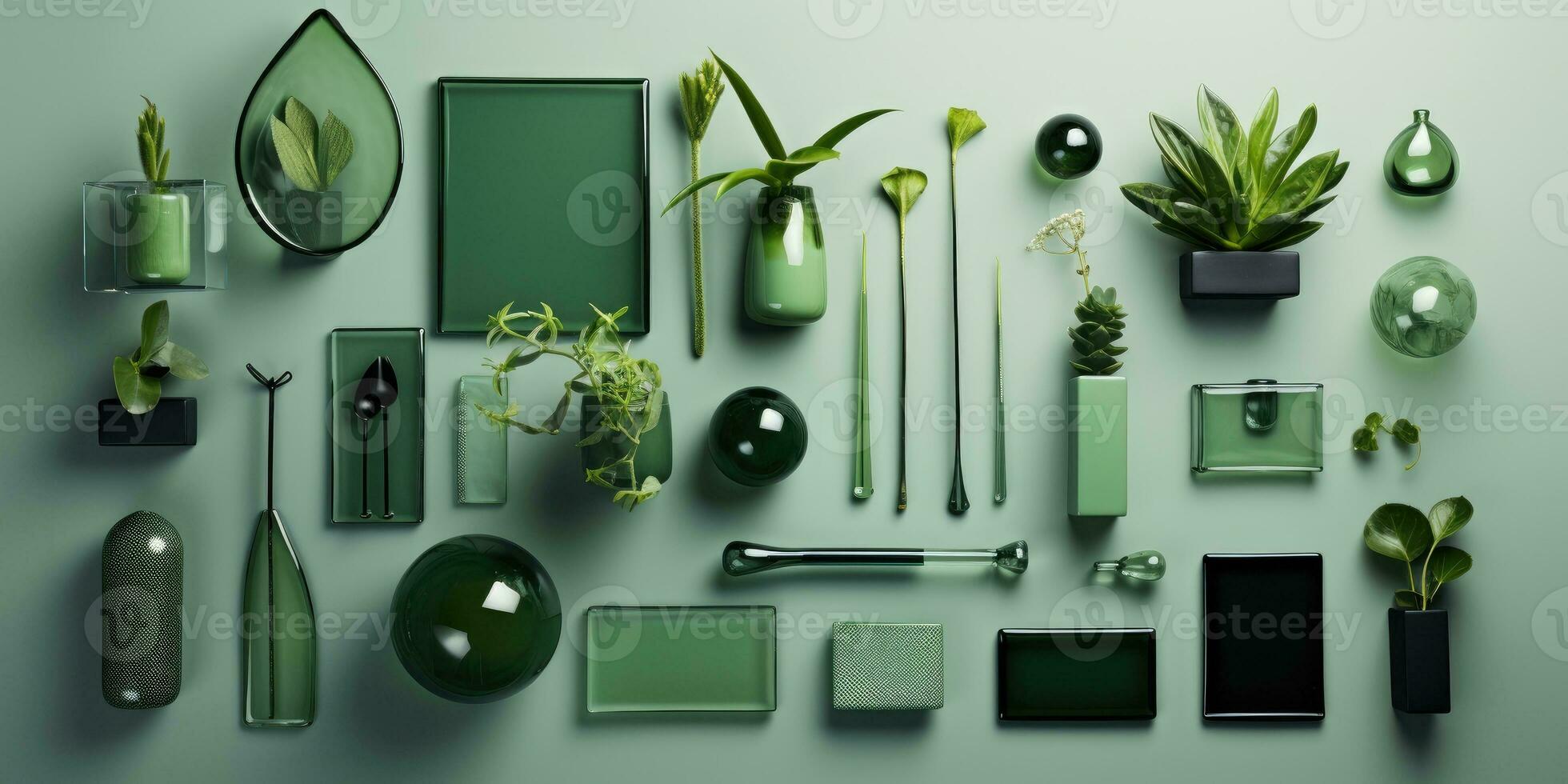 composição do verde objetos em uma verde fundo. generativo ai foto
