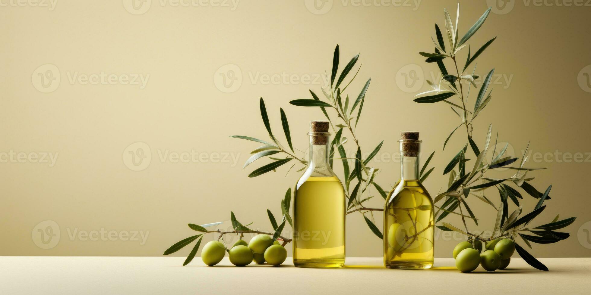 Oliva óleo dentro uma garrafa em a mesa, com verde galhos e azeitonas. generativo ai foto