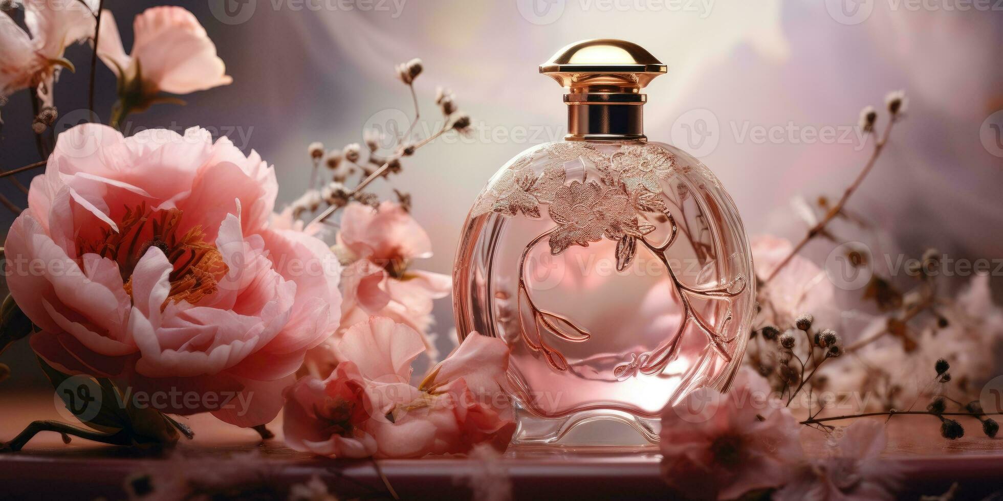 vidro garrafa do perfume em lindo fundo. floral fundo. generativo ai foto