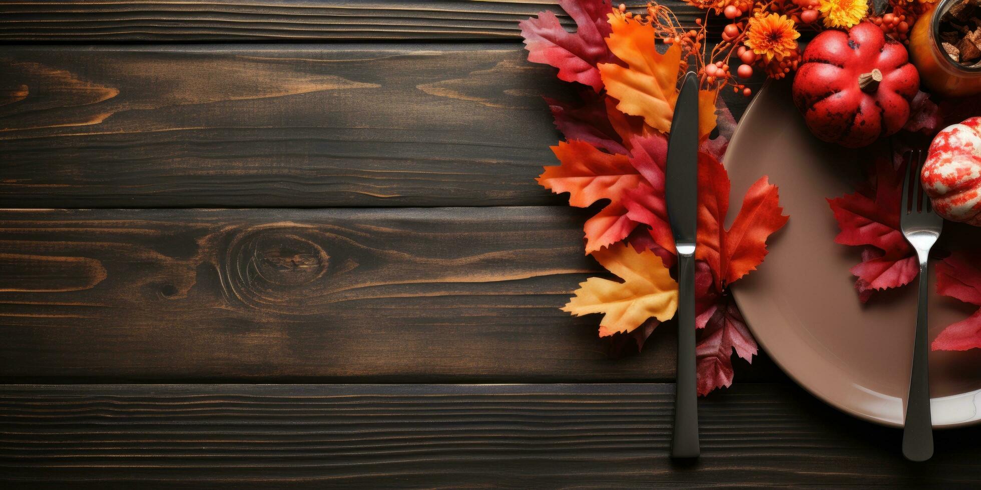 outono serviço em uma de madeira mesa, topo visualizar, dia das Bruxas tema. generativo ai foto