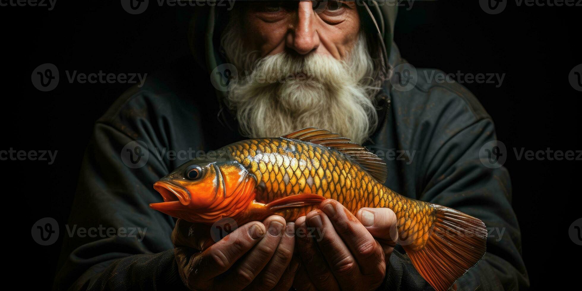 peixe dentro mãos fechar para cima tema do pescaria. generativo ai foto