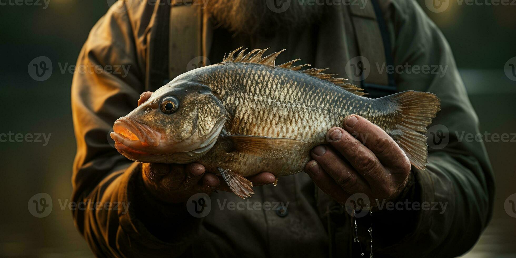 peixe dentro mãos fechar para cima tema do pescaria. generativo ai foto