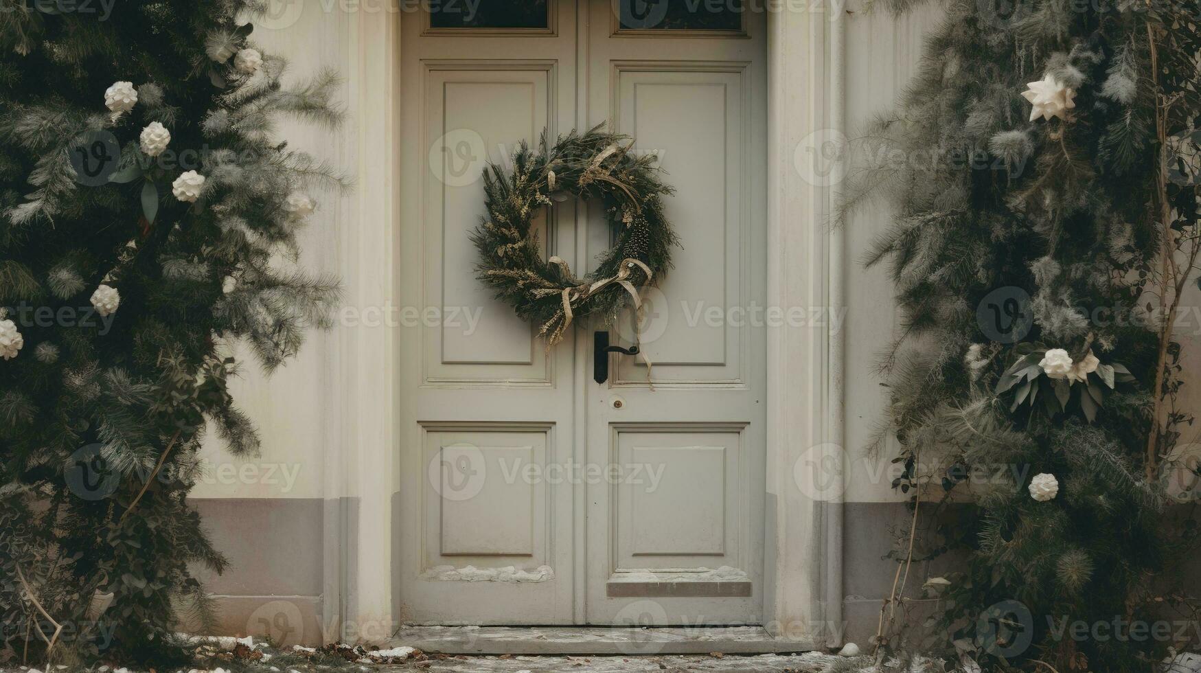 generativo ai, casa frente dentro a inverno com Natal decoração, guirlanda e festão. neve acolhedor estação foto