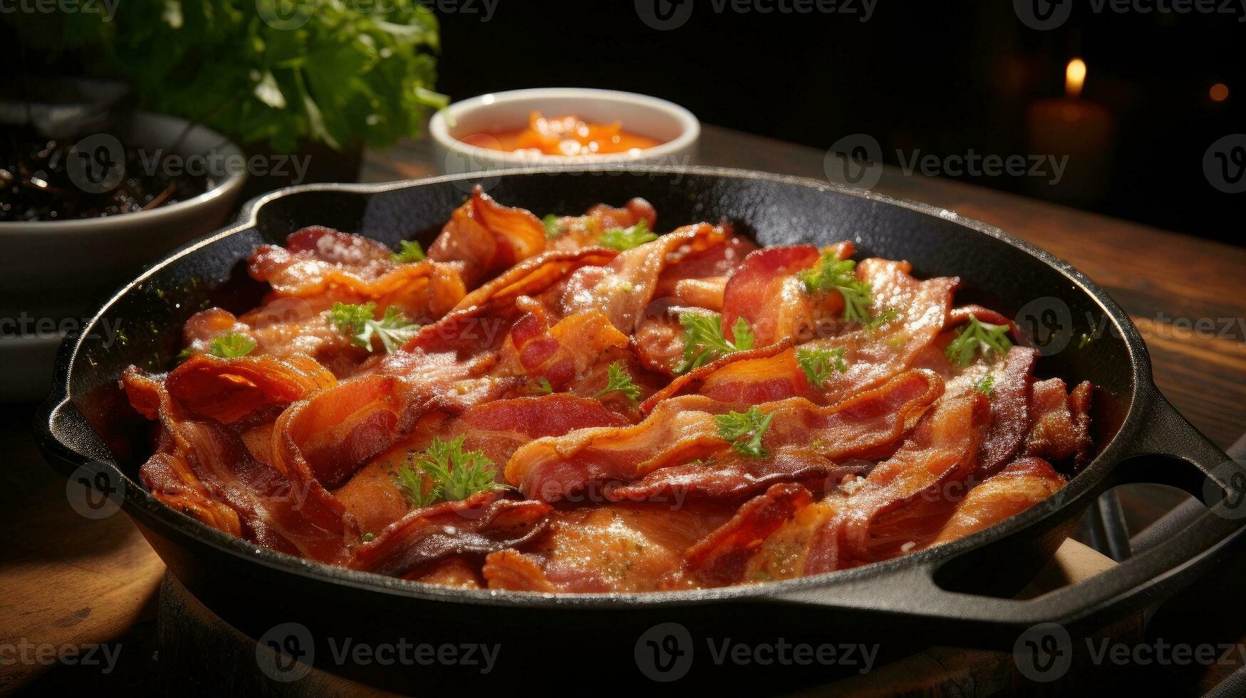crocante entremeado bacon frito dentro uma fundida ferro frigideira ai gerado foto