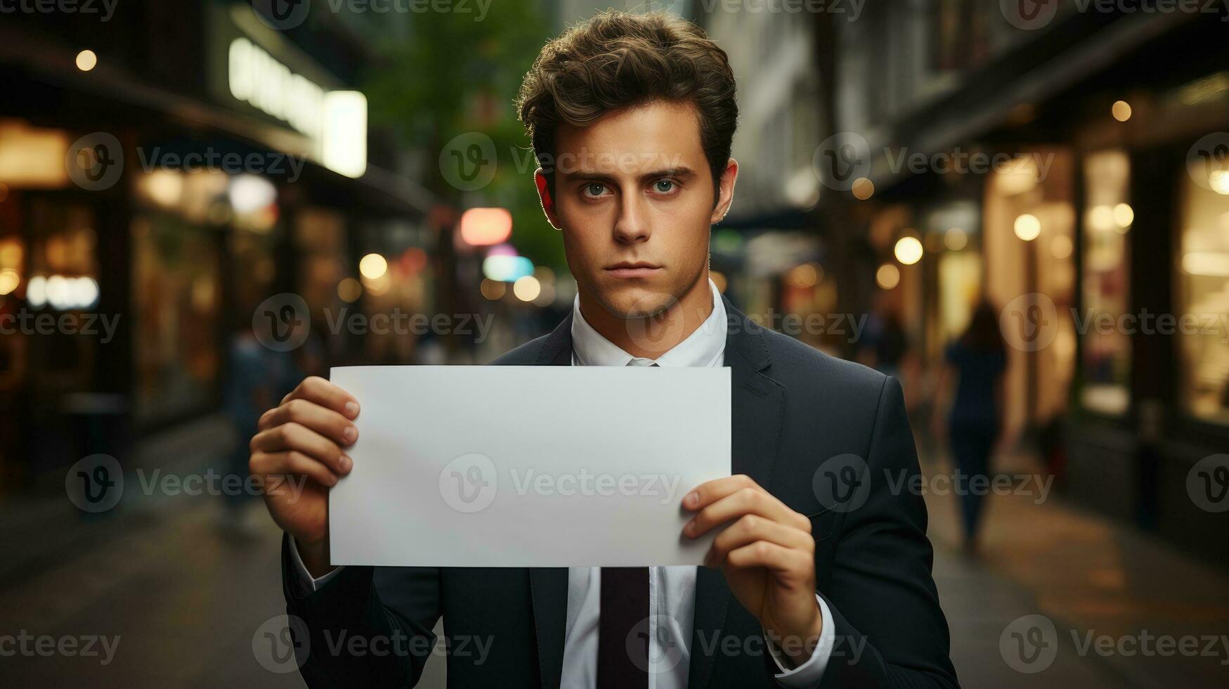 homem de negocios segurando uma em branco placa ai gerado foto