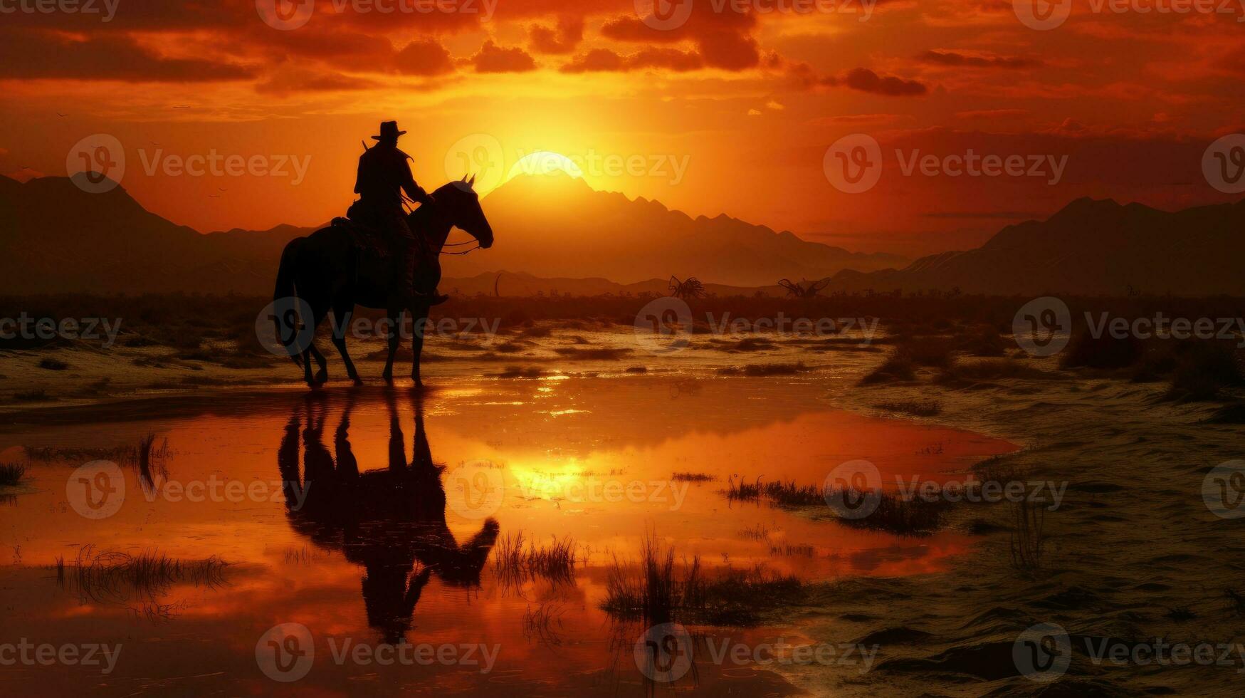 uma homem passeios uma cavalo dentro pôr do sol ai gerado foto