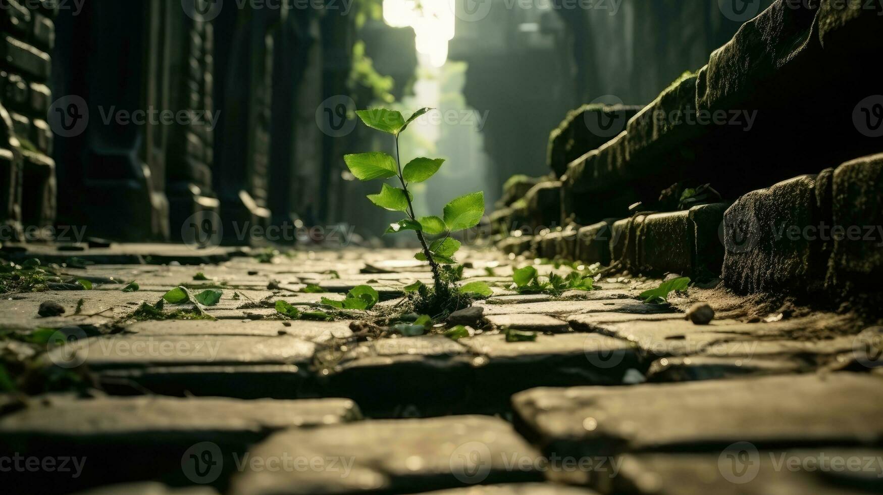 fresco verde crescendo dentro arruinado cidade ai gerado foto