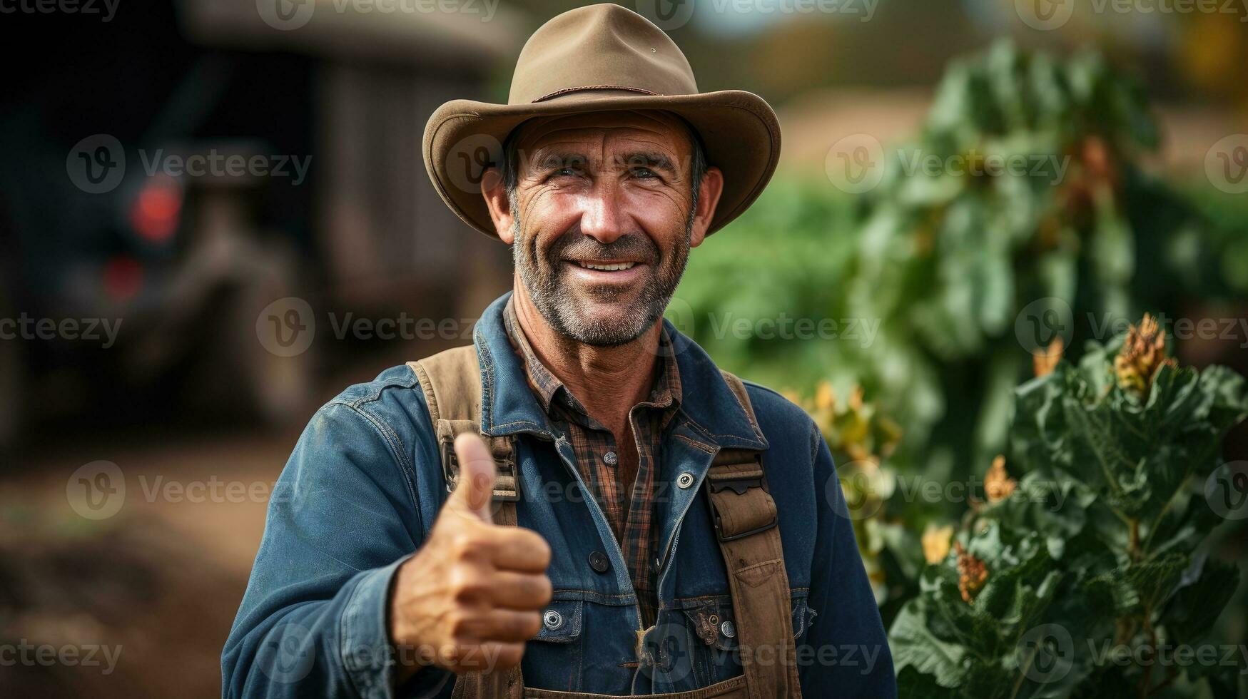 agricultor mostrando polegar acima dentro Fazenda ai gerado foto