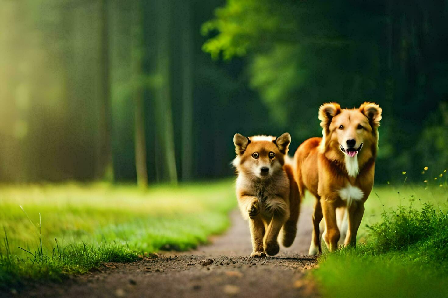 dois cachorros caminhando baixa uma caminho dentro a madeiras. gerado por IA foto