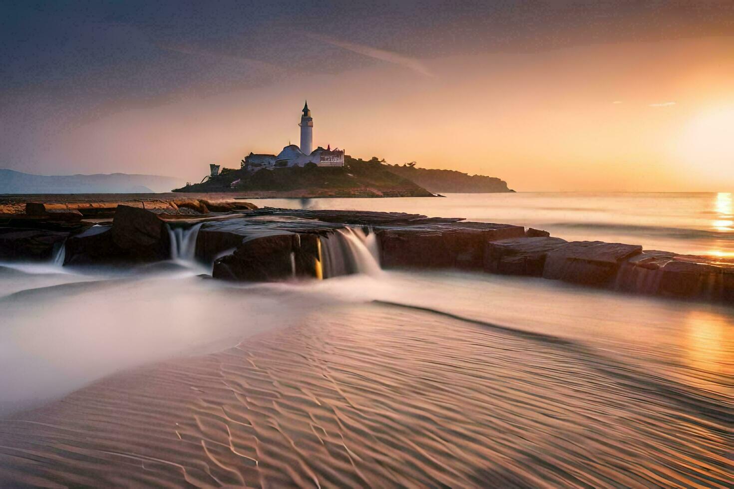 uma farol senta em a costa do uma corpo do água. gerado por IA foto