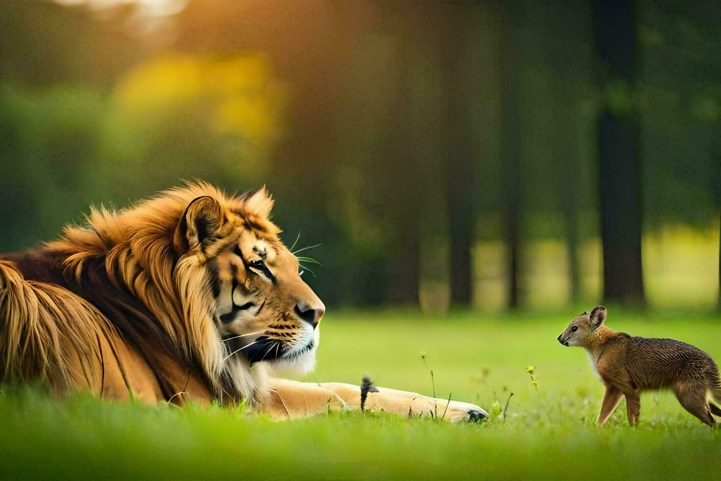 uma leão e uma Coelho dentro a grama. gerado por IA foto