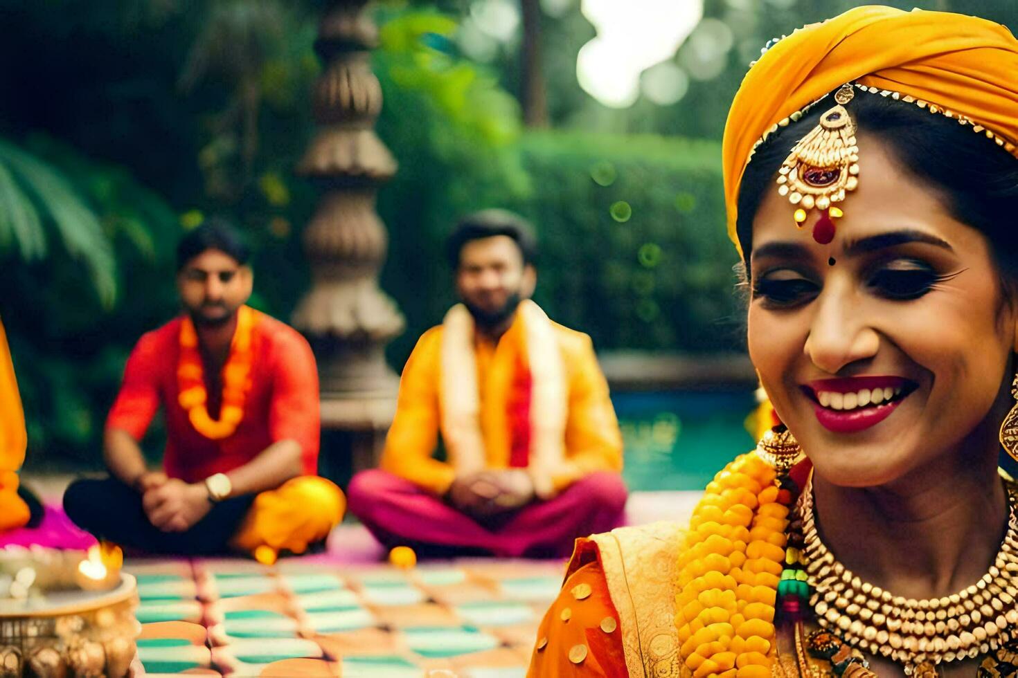 uma mulher dentro tradicional indiano vestuário sorrisos enquanto sentado em a chão. gerado por IA foto