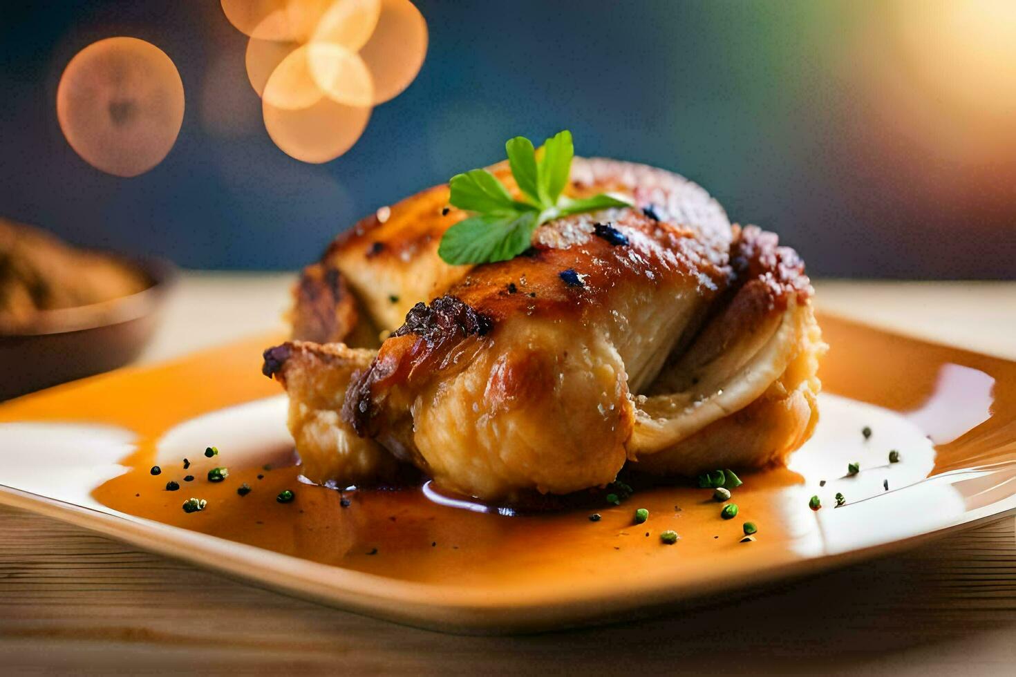 uma frango em uma prato com molho e especiarias. gerado por IA foto