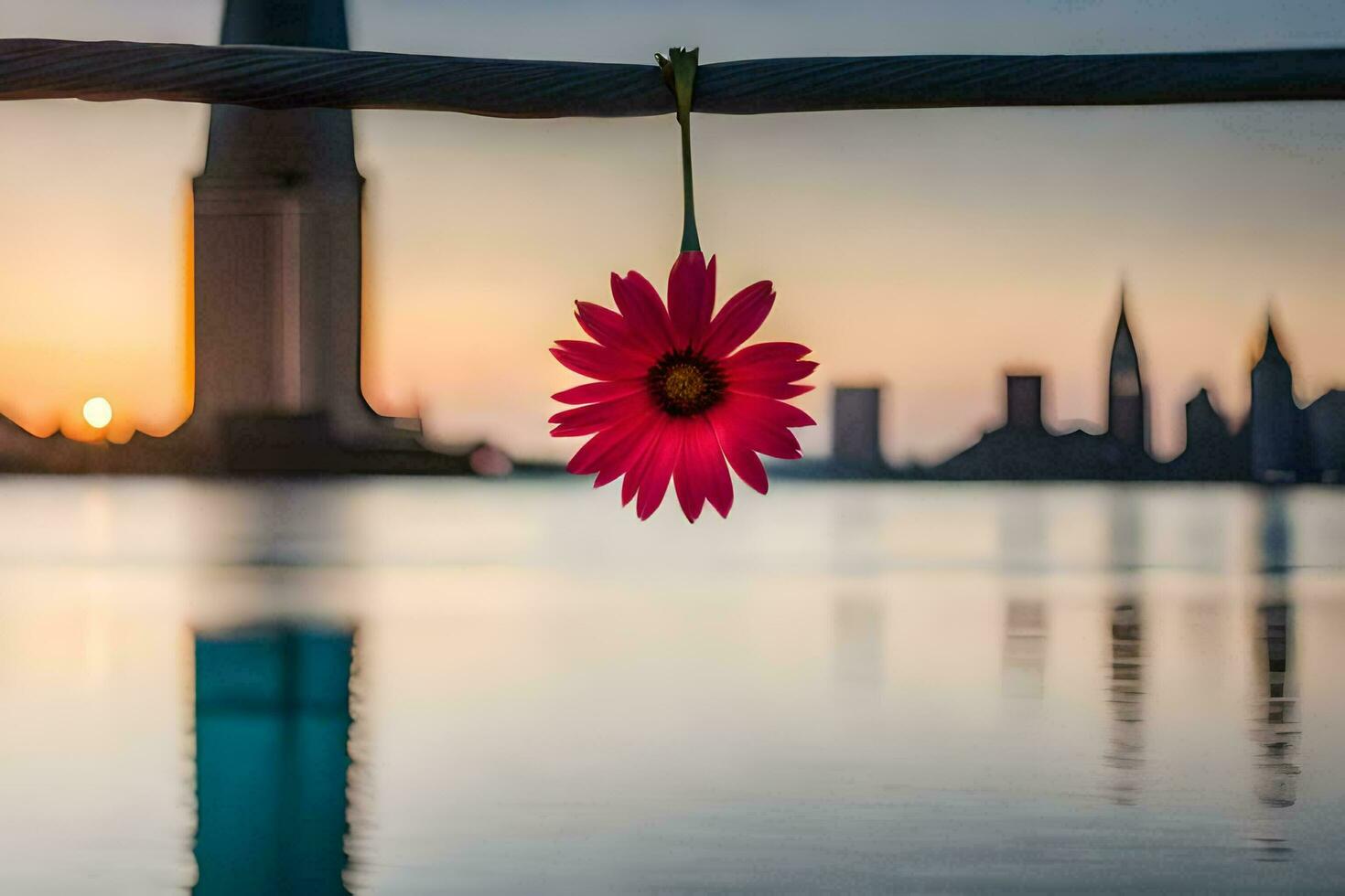 uma Rosa flor suspensão a partir de uma fio sobre água. gerado por IA foto