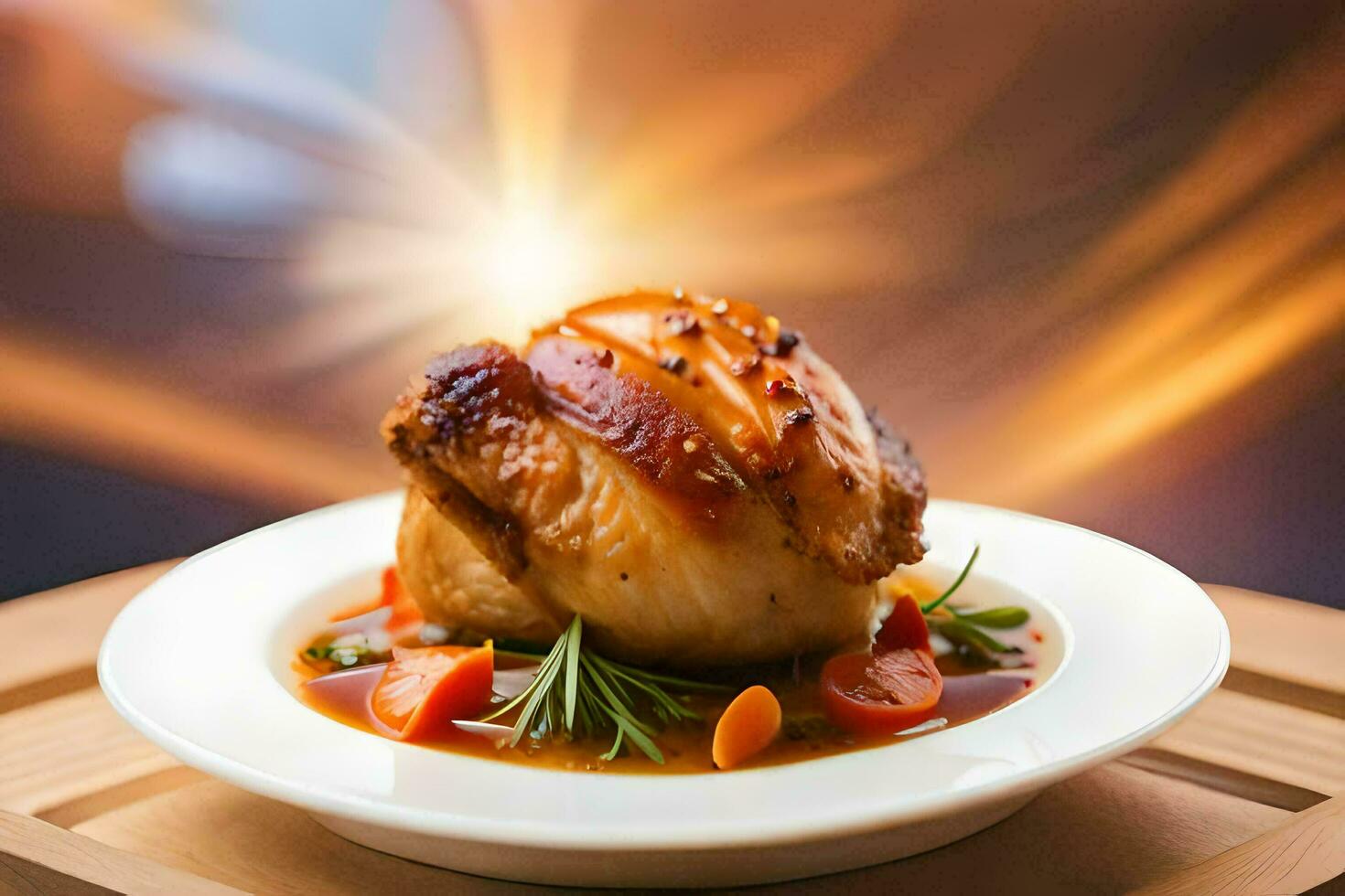 uma frango seio em uma prato com molho. gerado por IA foto