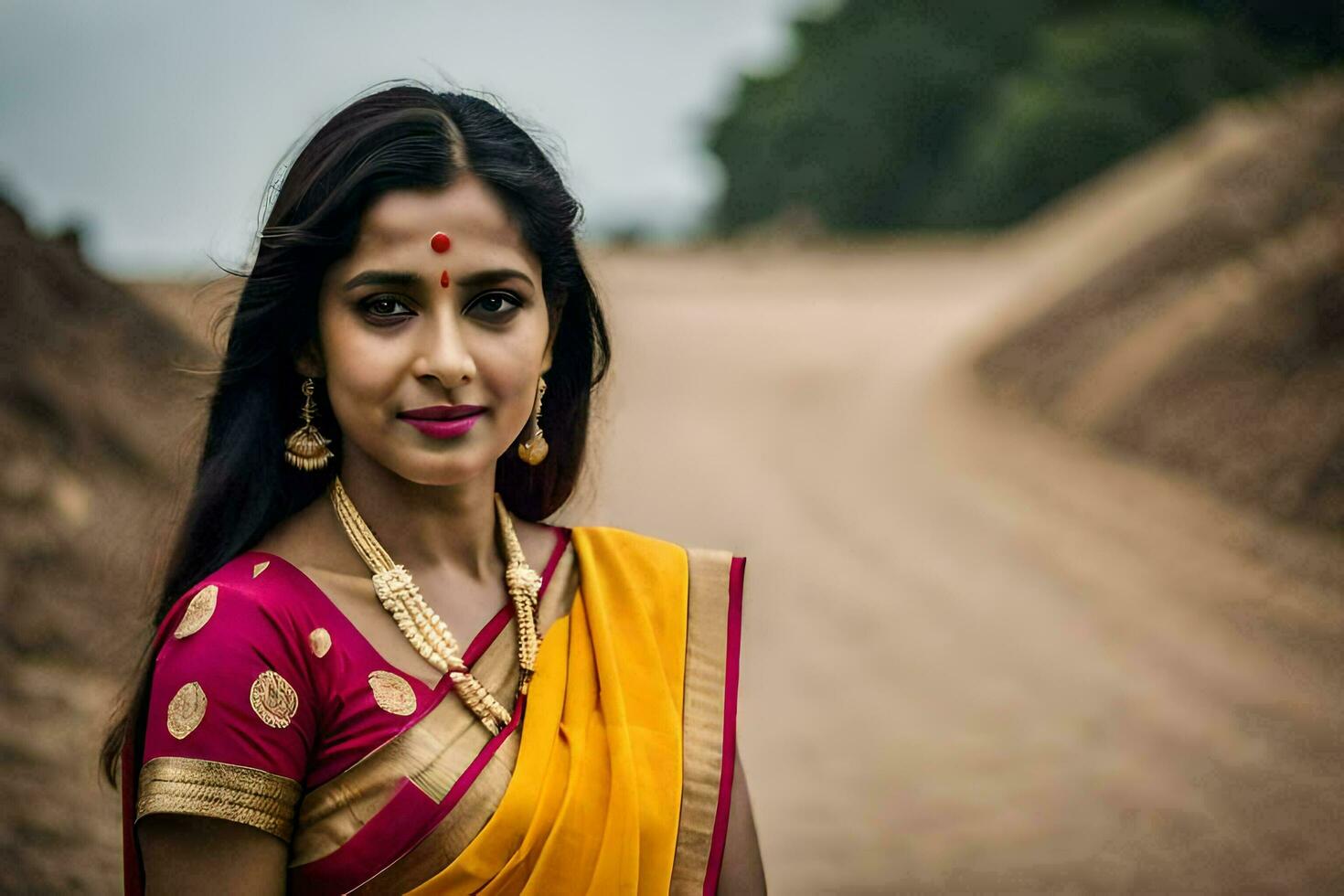uma mulher dentro uma amarelo sari em pé em uma sujeira estrada. gerado por IA foto