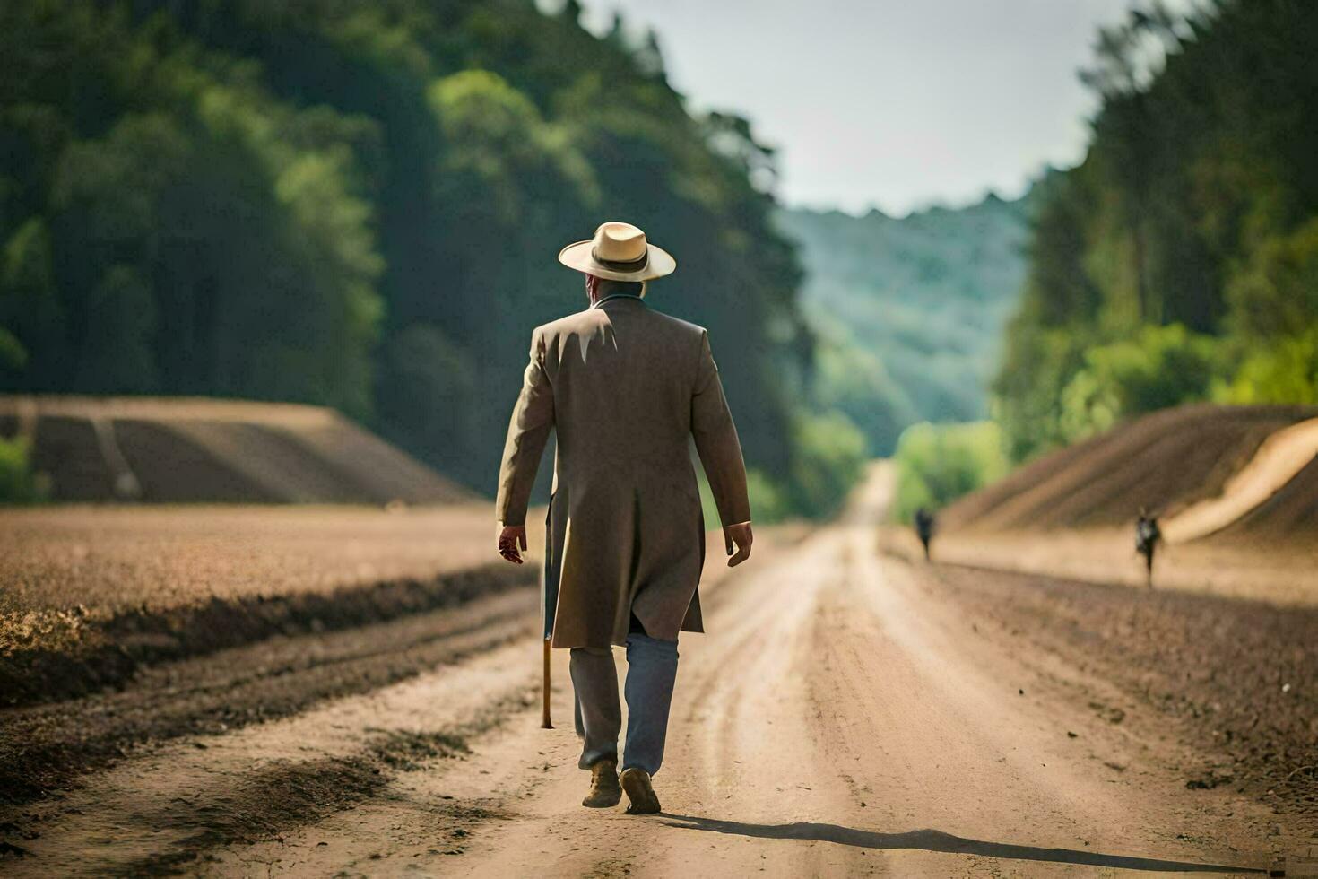 uma homem dentro uma chapéu e terno caminhando baixa uma sujeira estrada. gerado por IA foto