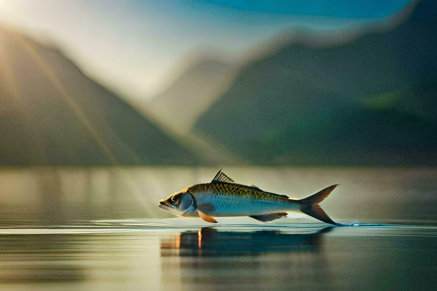 uma peixe é natação dentro a água com montanhas dentro a fundo. gerado por IA foto