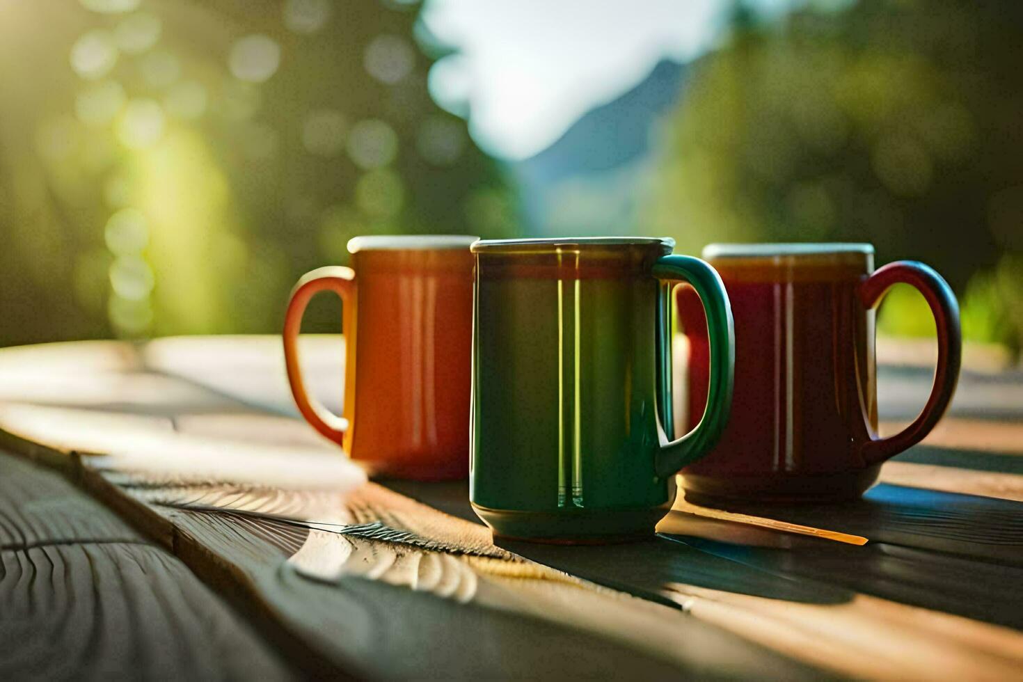 dois colorida café canecas sentar em uma de madeira mesa. gerado por IA foto