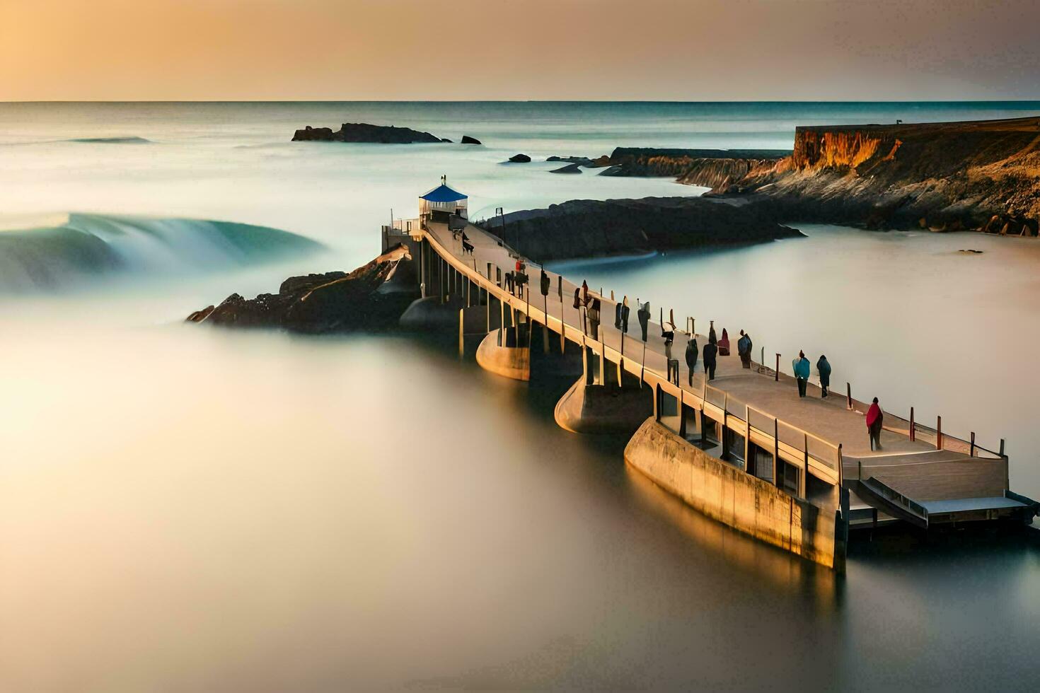 uma grandes cais com ondas falhando para dentro isto às pôr do sol. gerado por IA foto