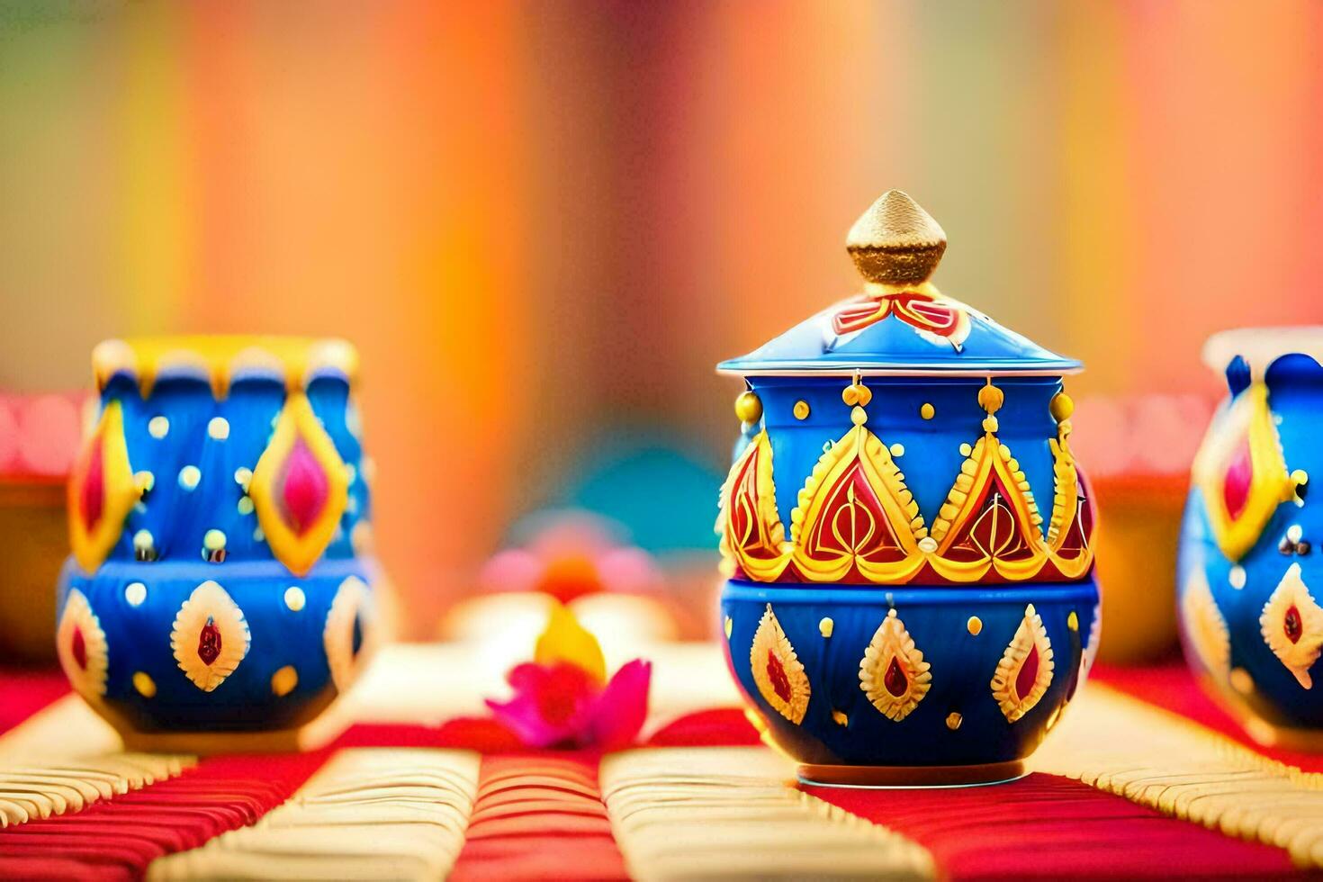 três colorida vasos em uma mesa com uma vermelho e amarelo toalha de mesa. gerado por IA foto