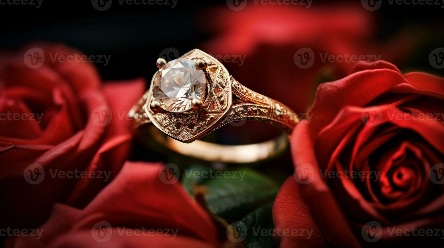 fotografia a elegante noivado anel apresentando uma radiante topázio aninhado dentro uma cama do rosas. generativo ai foto